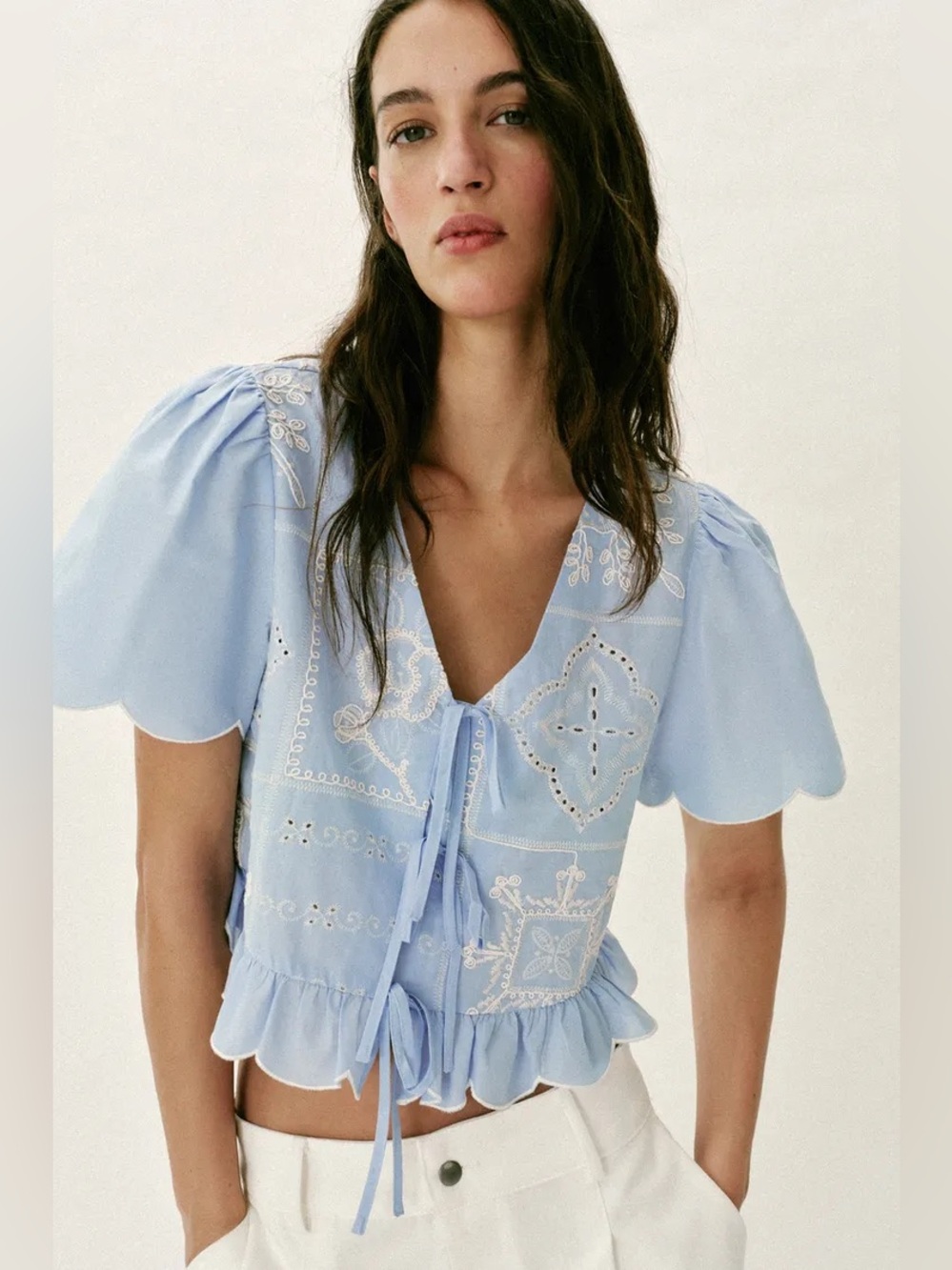 NWT Zara Woman Bloggers Fav PERFORATED EMBROIDERED TIE BLOUSE Top Size XL